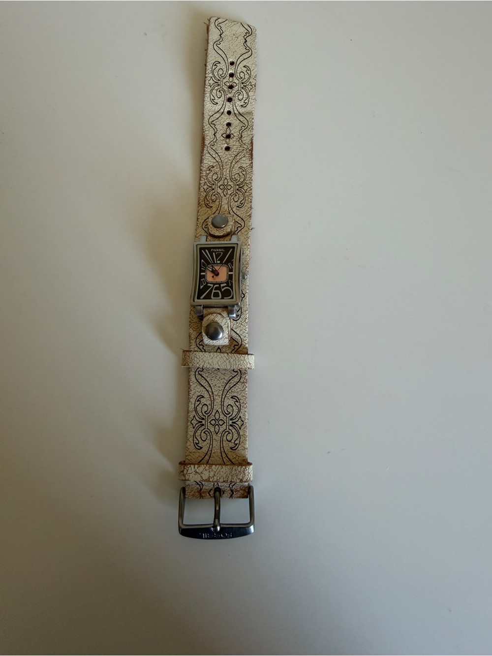Vintage Fossil Rectangular Dial Leather Cuff Watch - Cream & Brown - Picture 5 of 6